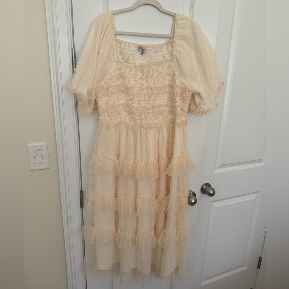 PinkBlush Cream Swiss Dot Smocked Tiered Maternity Dress